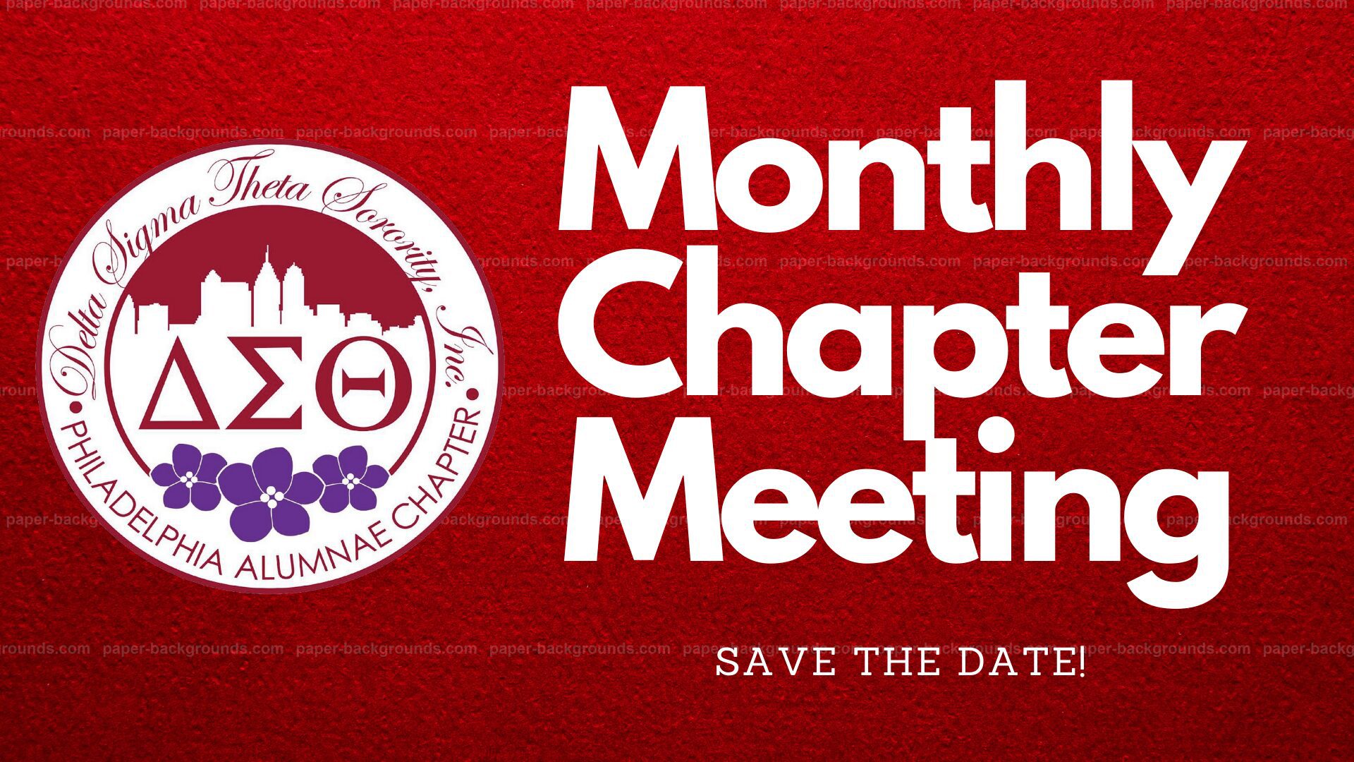 Announcement for a monthly chapter meeting with a save the date notice.