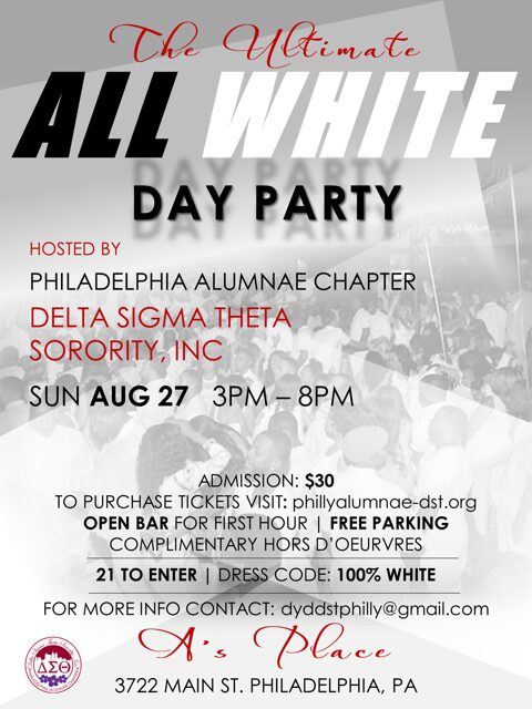 Flyer for an All White Day Party hosted by Philadelphia Alumnae Chapter on August 27.