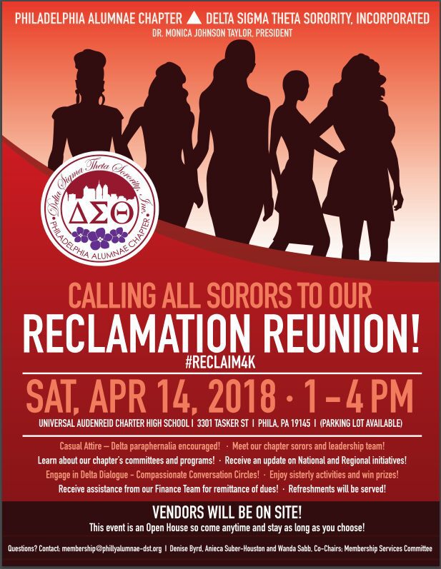 Event poster inviting sorors to a reclamation reunion on April 14, 2018.