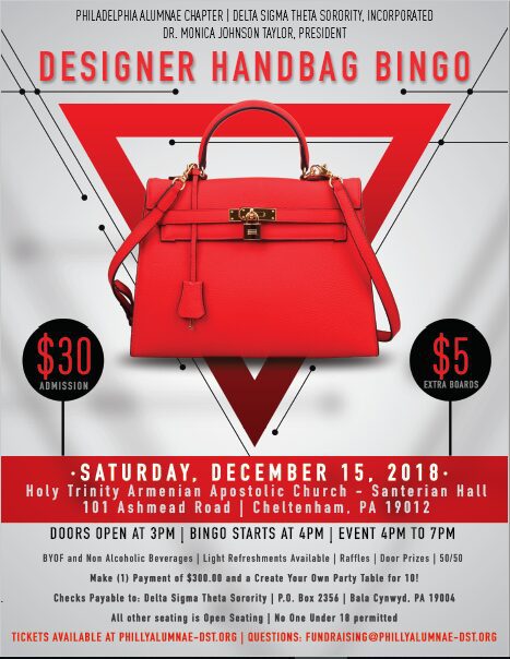 Red handbag with a price tag in a promotional flyer design.