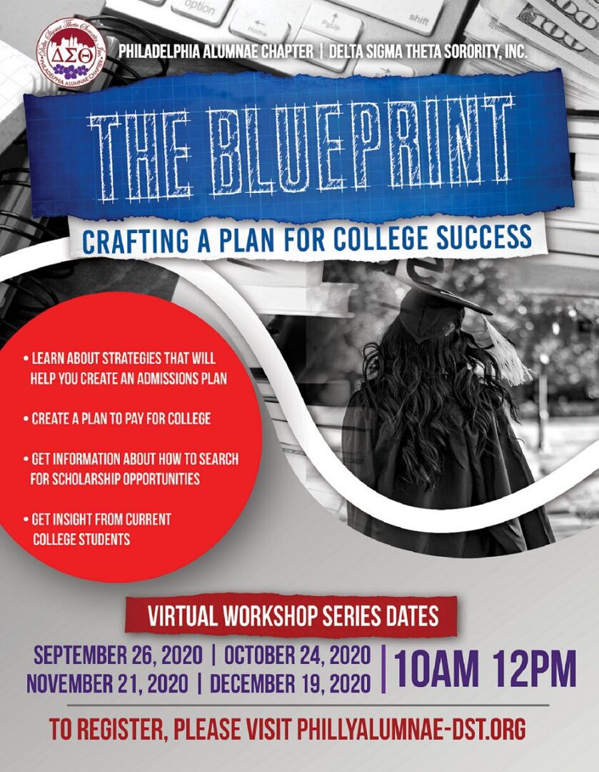 Flyer for 'The Blueprint' college success workshop with date, time, and registration info.