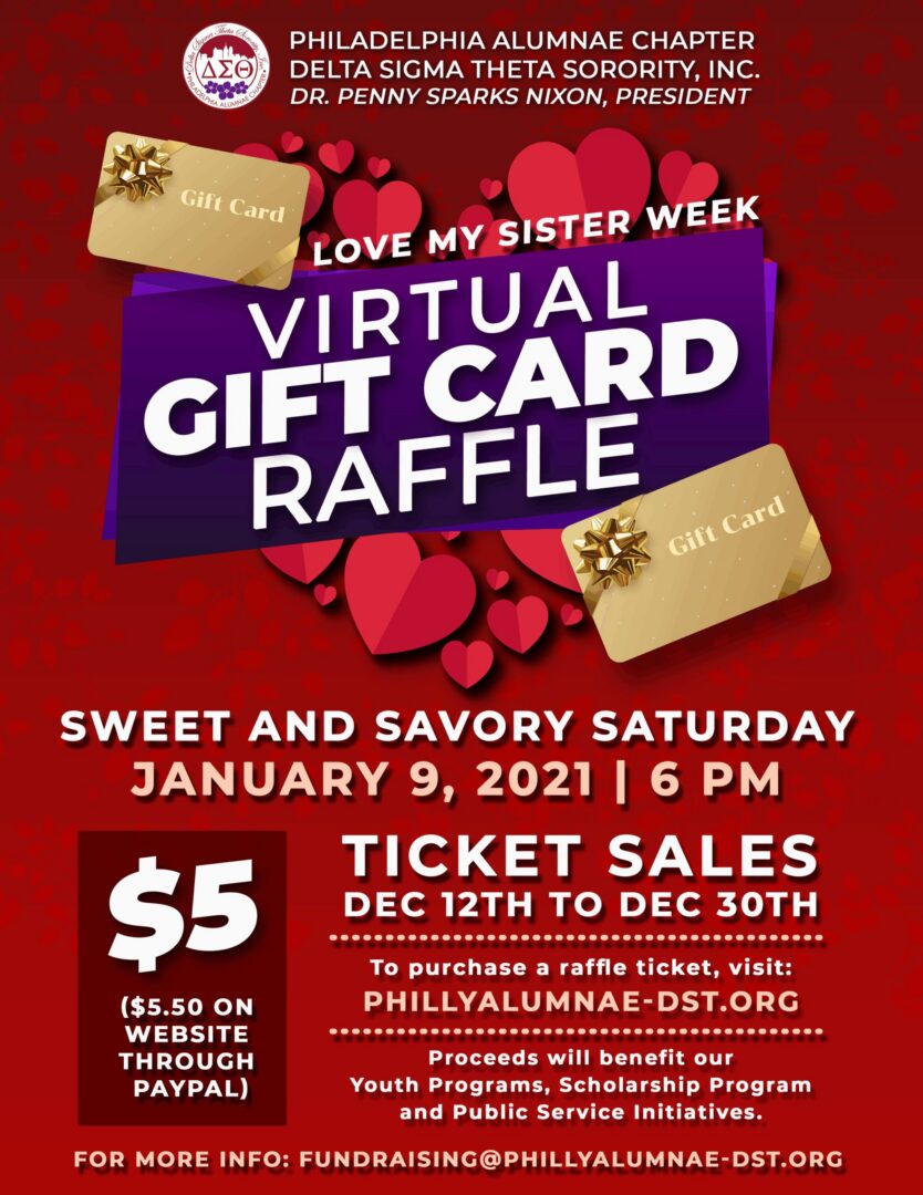 Virtual gift card raffle for Love My Sister Week on Feb 9, 2021.