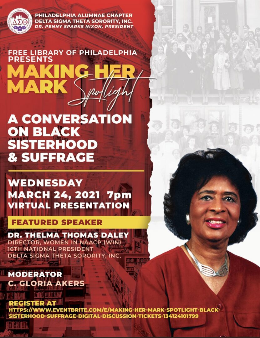 Flyer for a March 2021 virtual event on Black sisterhood and suffrage.