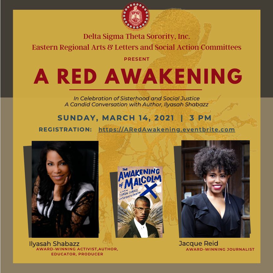 A vibrant poster for 'A Red Awakening' event featuring speakers and details.