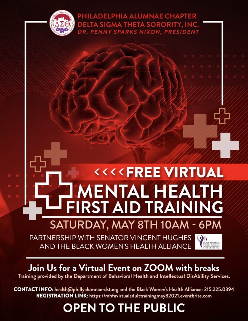 Virtual mental health first aid training event on May 8th, 8AM-6PM via Zoom.
