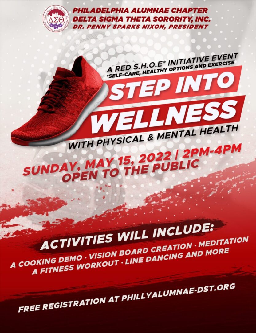 Red sneaker with wellness event details in bold typography.
