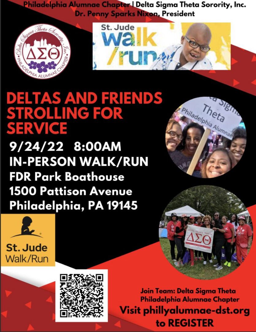 Flyer for Deltas and Friends Strolling for Service walk/run event in Philadelphia.
