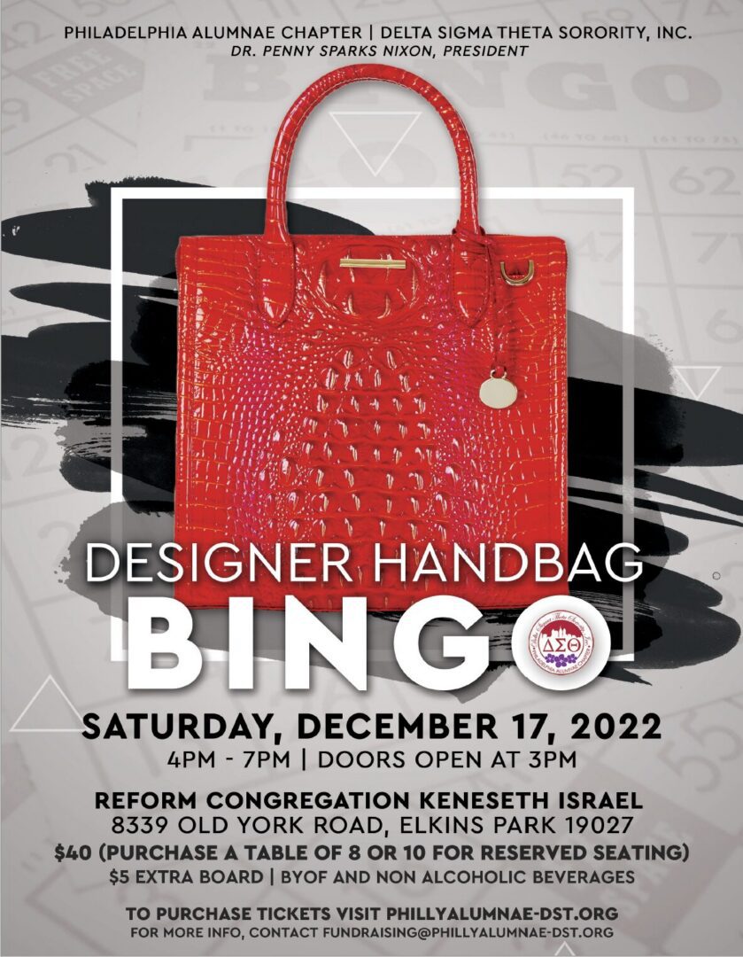 A red designer handbag featured on a bingo event flyer.