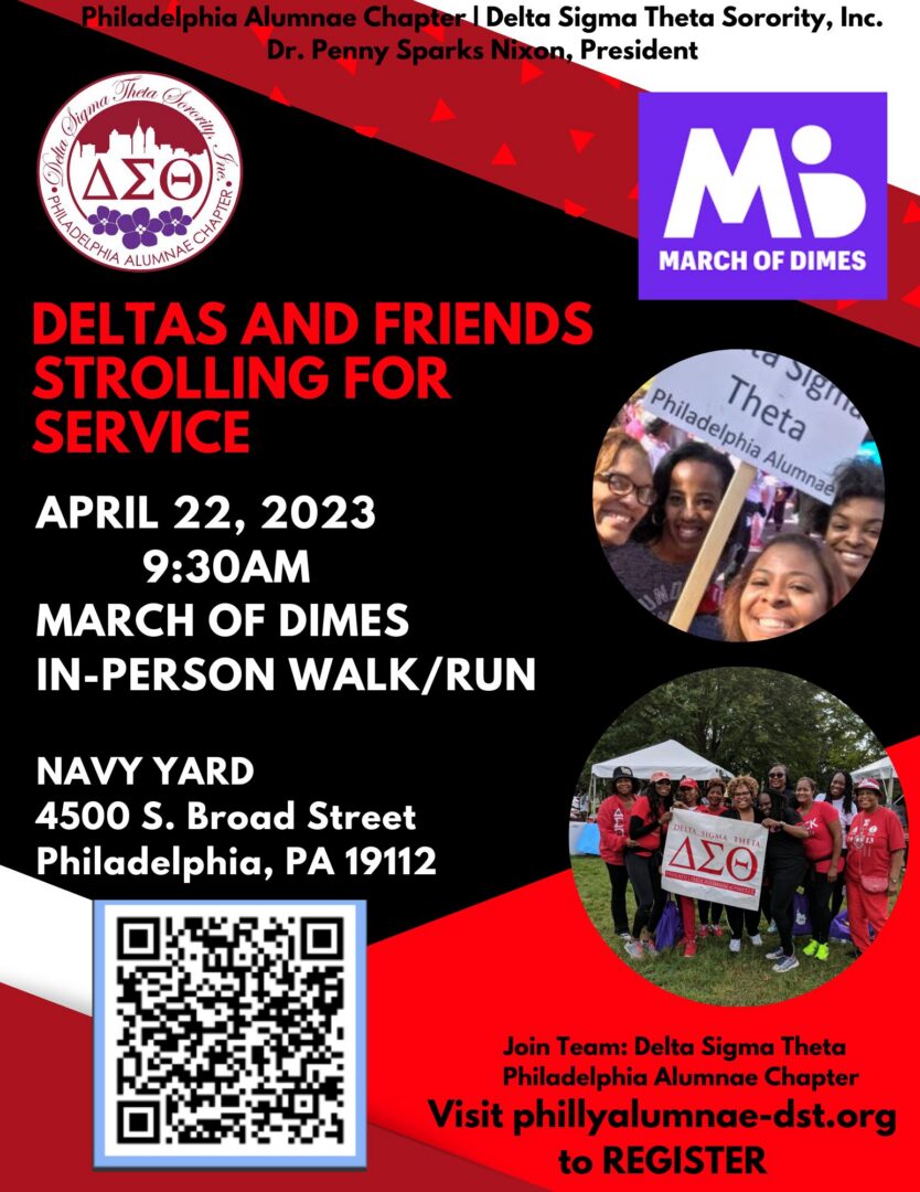 Flyer for Deltas and Friends March of Dimes Strolling event in Philadelphia.