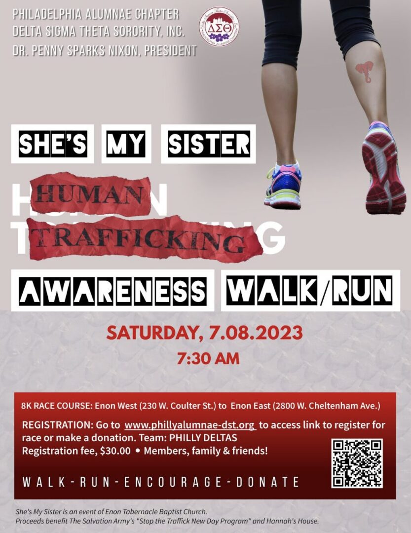 Awareness walk/run event for human trafficking on July 8, 2023, at 7:30 AM.