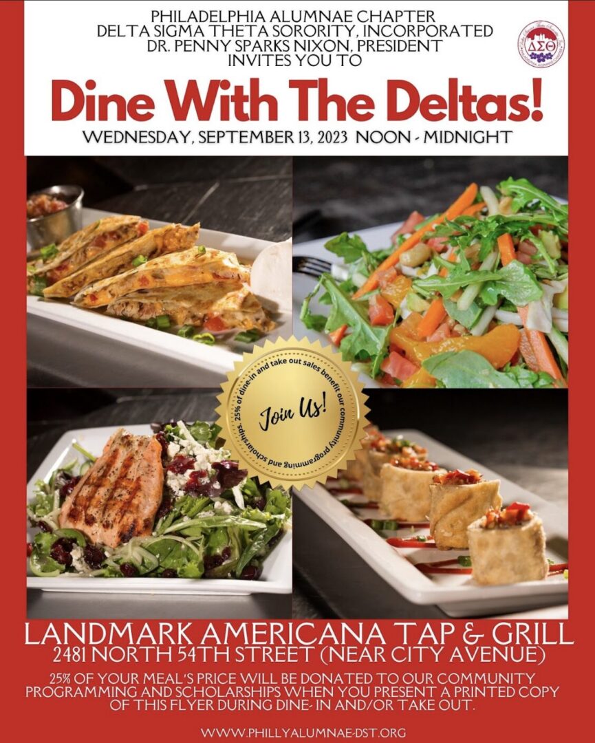 Flyer promoting a Dine With The Deltas event with various dishes.