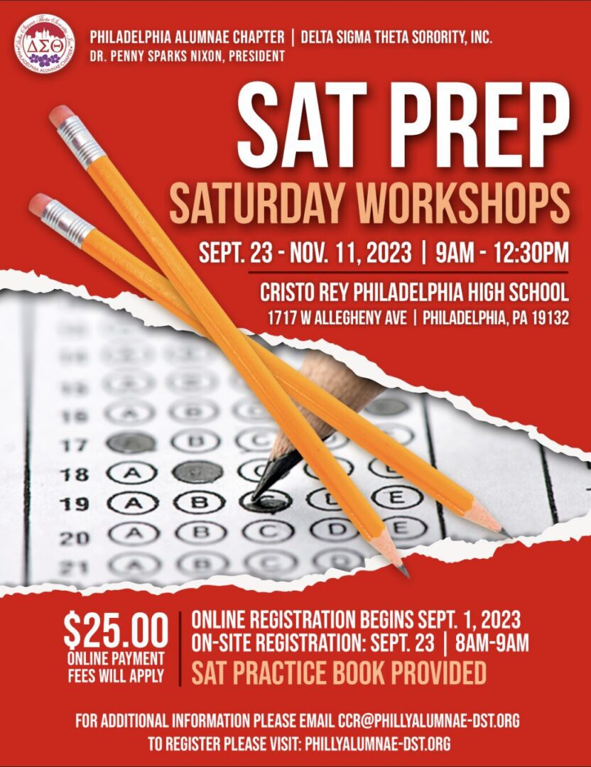 Flyer for SAT prep workshops at Cristo Rey Philadelphia School.
