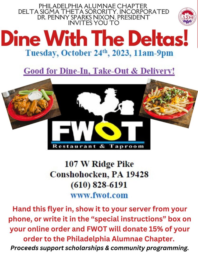 Flyer for Dine With The Deltas event at FWOT on October 24, 2023.