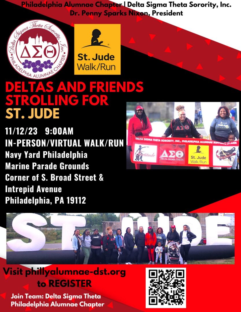 Flyer for Delta Sigma Theta's St. Jude Walk/Run event in Philadelphia.