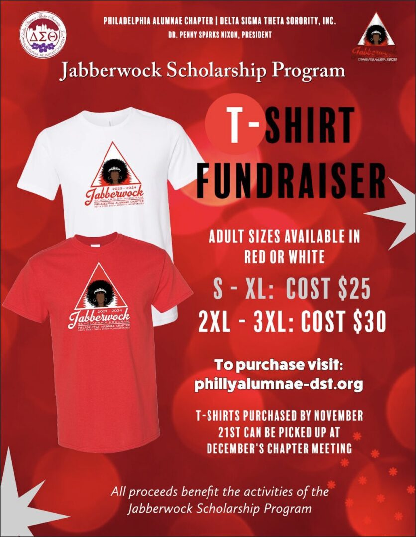 Red T-shirt fundraiser for Jabberwock Scholarship Program with pricing details.