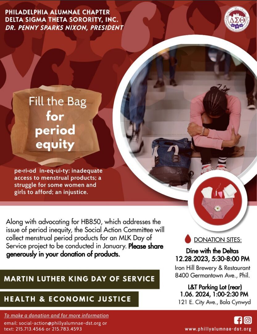 A woman fills a bag with period products to donate at a Martin Luther King Day event.