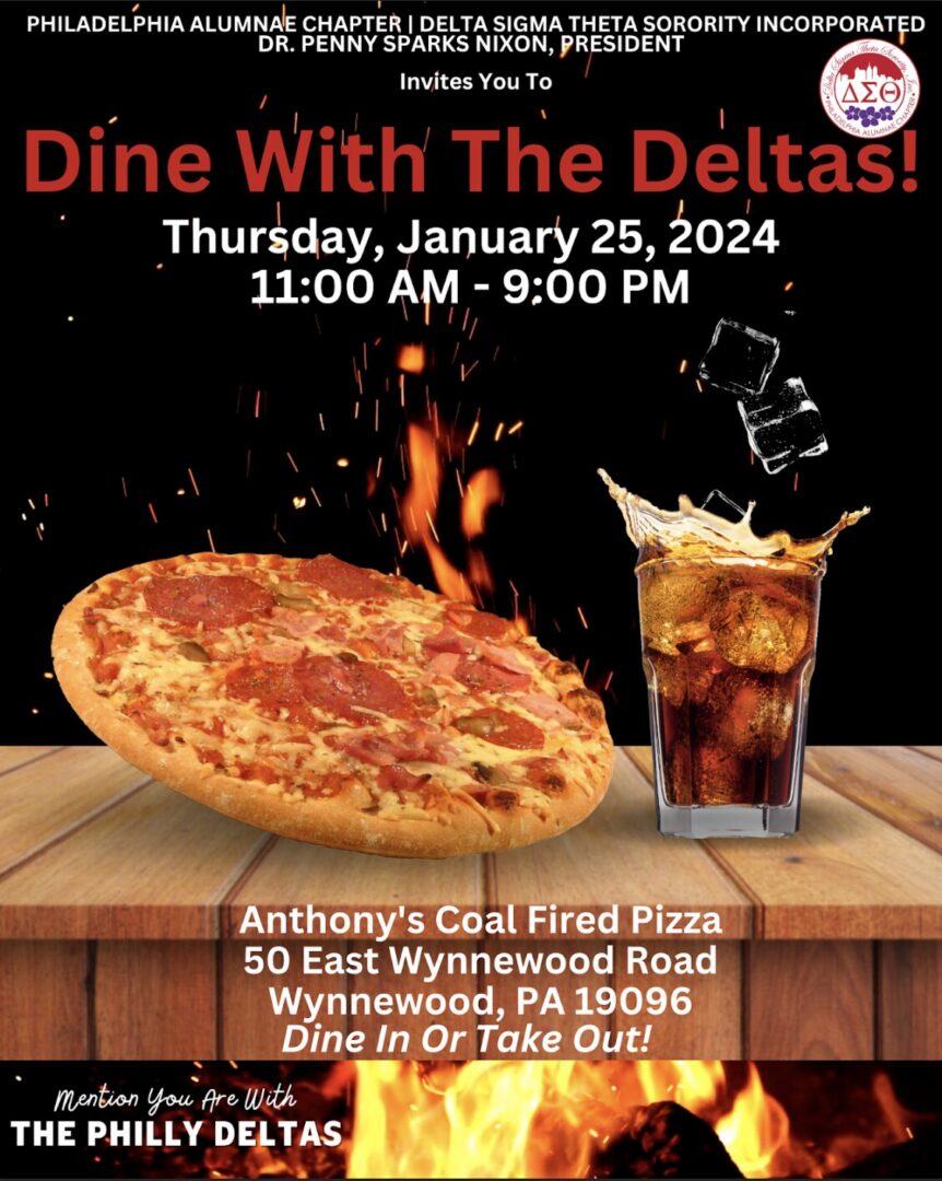 Event poster for Dine With The Deltas featuring pizza and soda, January 25, 2024.
