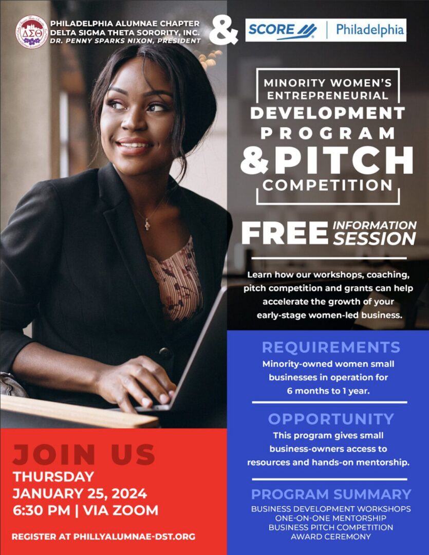 Professional woman promoting a development program and pitch competition for minority women entrepreneurs.