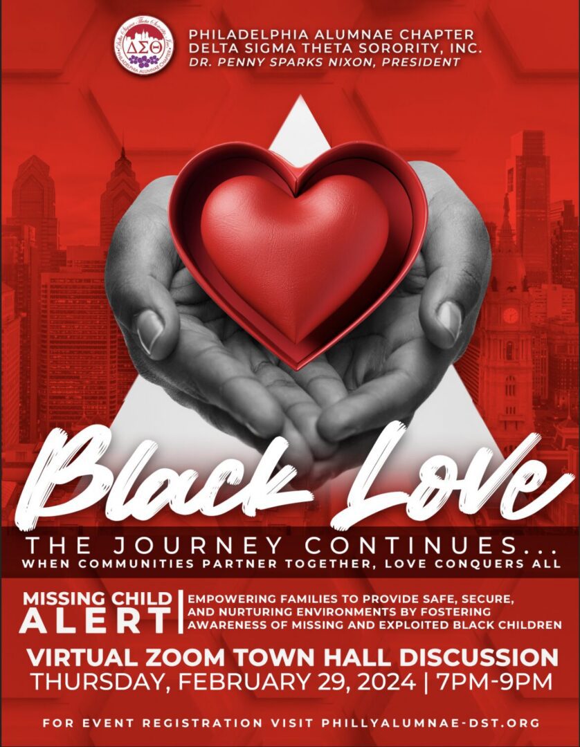 Hands hold a red heart with a city backdrop, promoting Black Love Month.