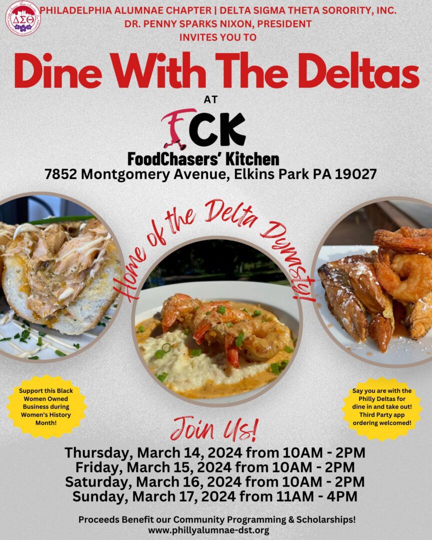 Flyer for Dine With The Deltas food event at FoodChasers' Kitchen.