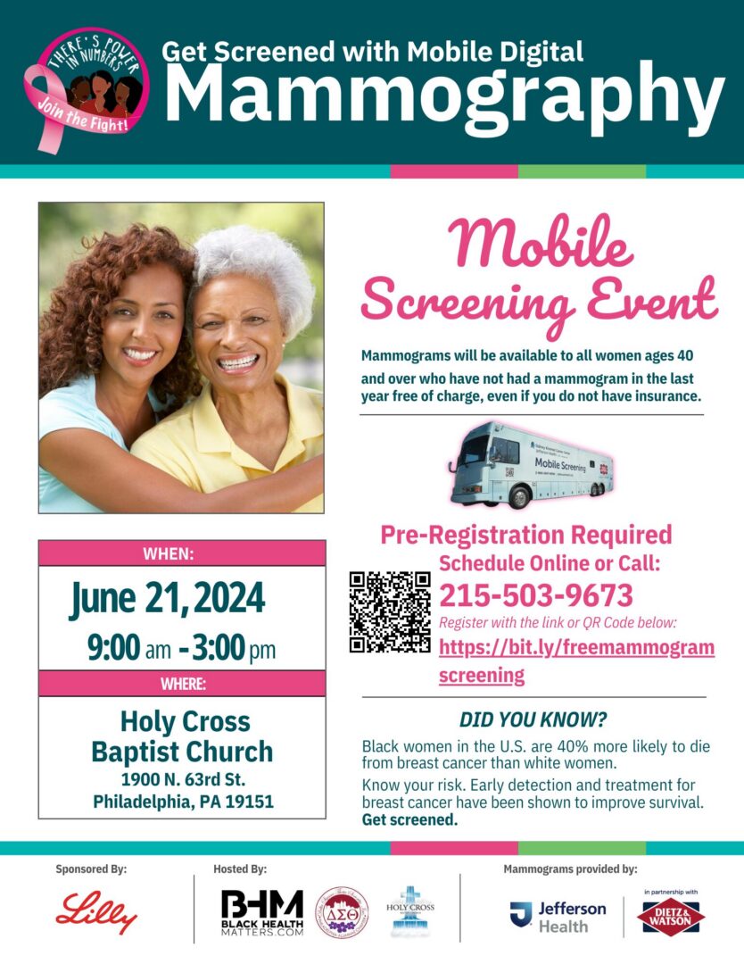 Mobile mammography screening event on June 21, 2024, at Holy Cross Baptist Church.