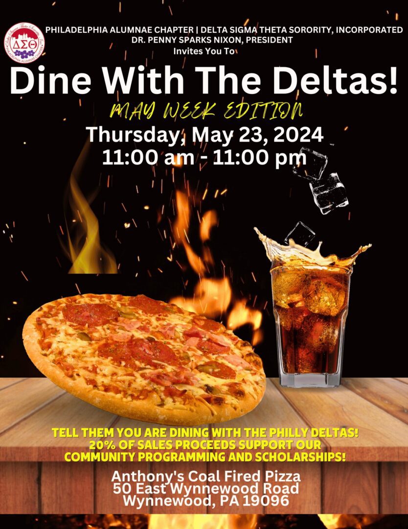 Flyer for a pizza and drink event on May 23, 2024, from 11 am to 11 pm.