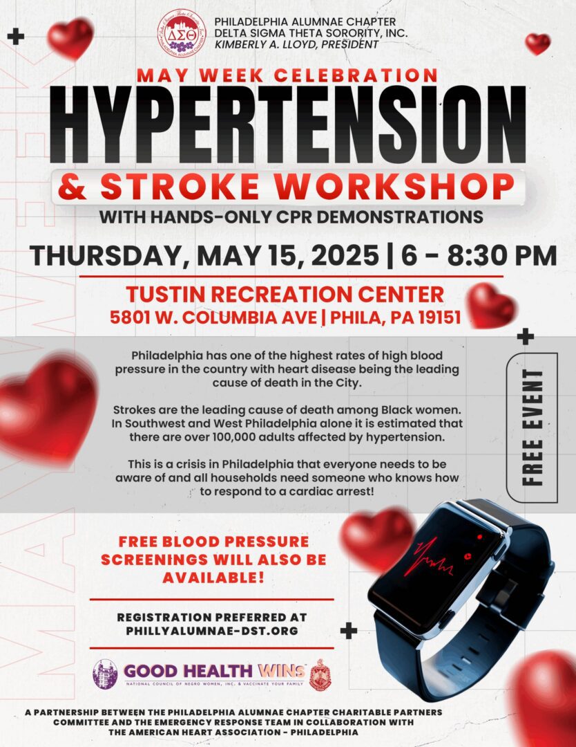 Flyer for Hypertension & Stroke Workshop with free blood pressure screenings.