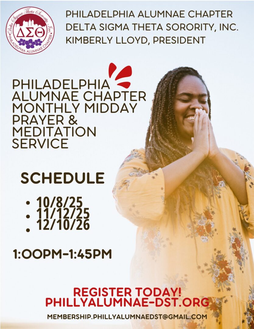 Prayer and meditation service flyer for Philadelphia Alumnae Chapter.