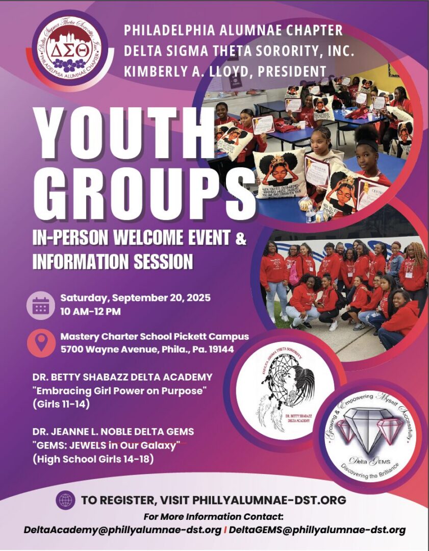 Youth groups welcome event and info session flyer with purple and pink design.