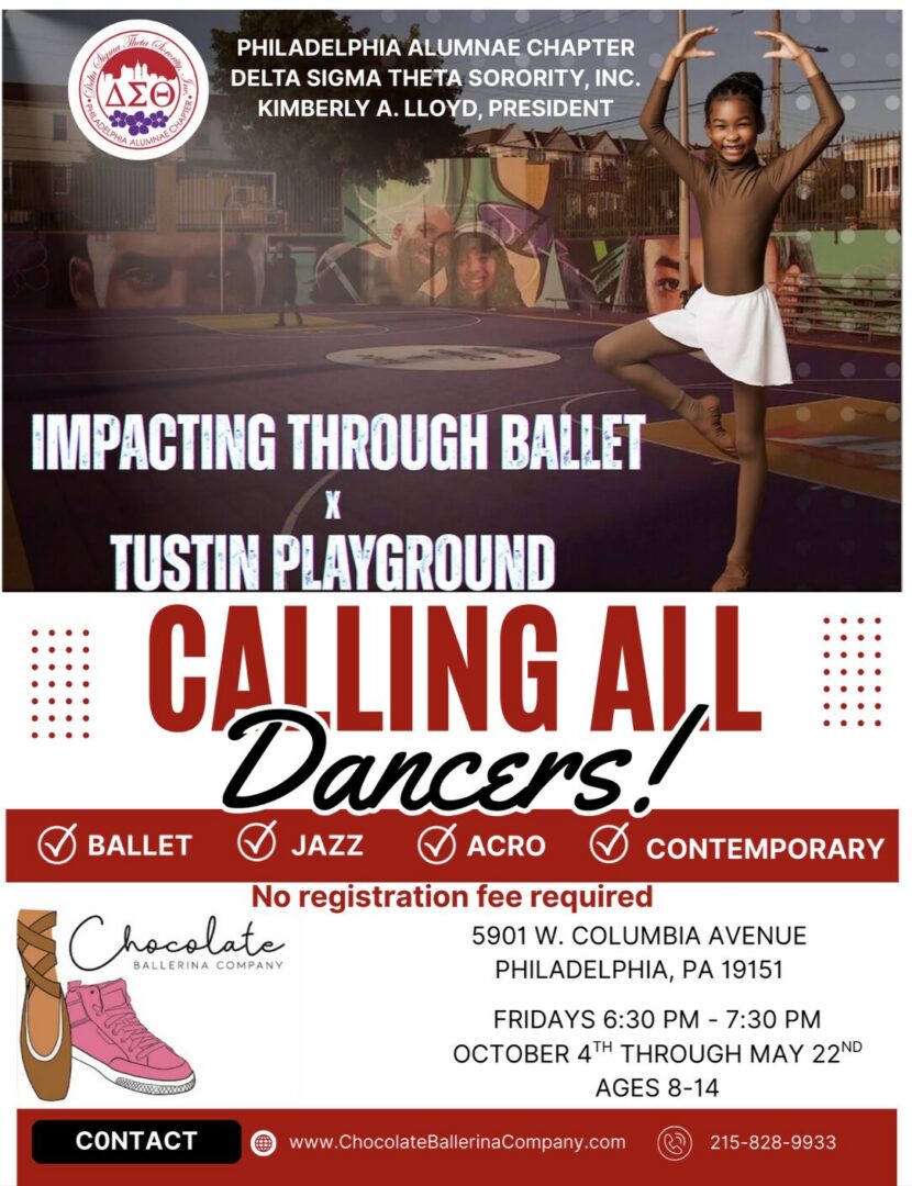 Dance class flyer featuring ballet, jazz, and contemporary styles at Tustin Playground.