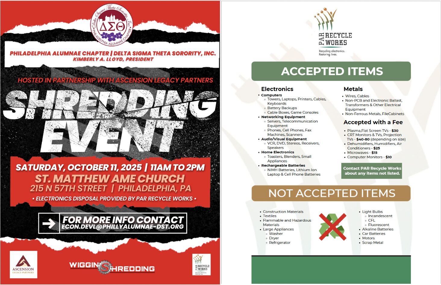 Flyer for a wedding event with details and guidelines on accepted and not accepted items.