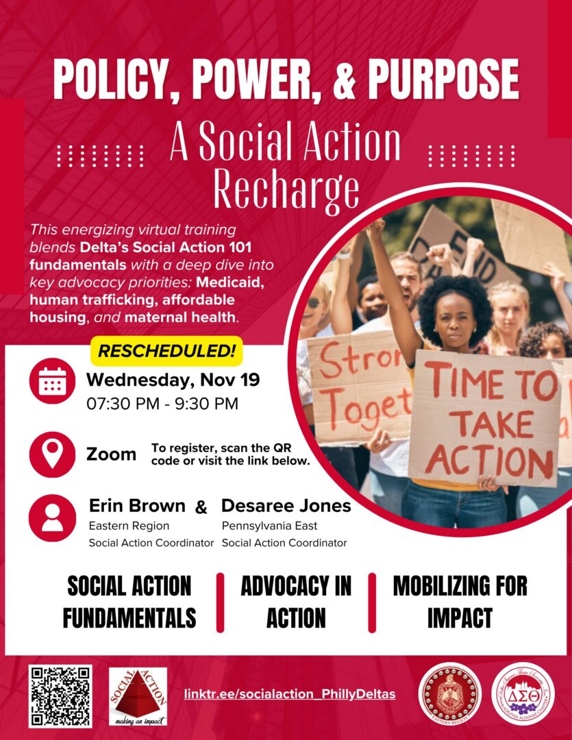 Virtual social action event on power, policy, and protest with speakers and breakout rooms.