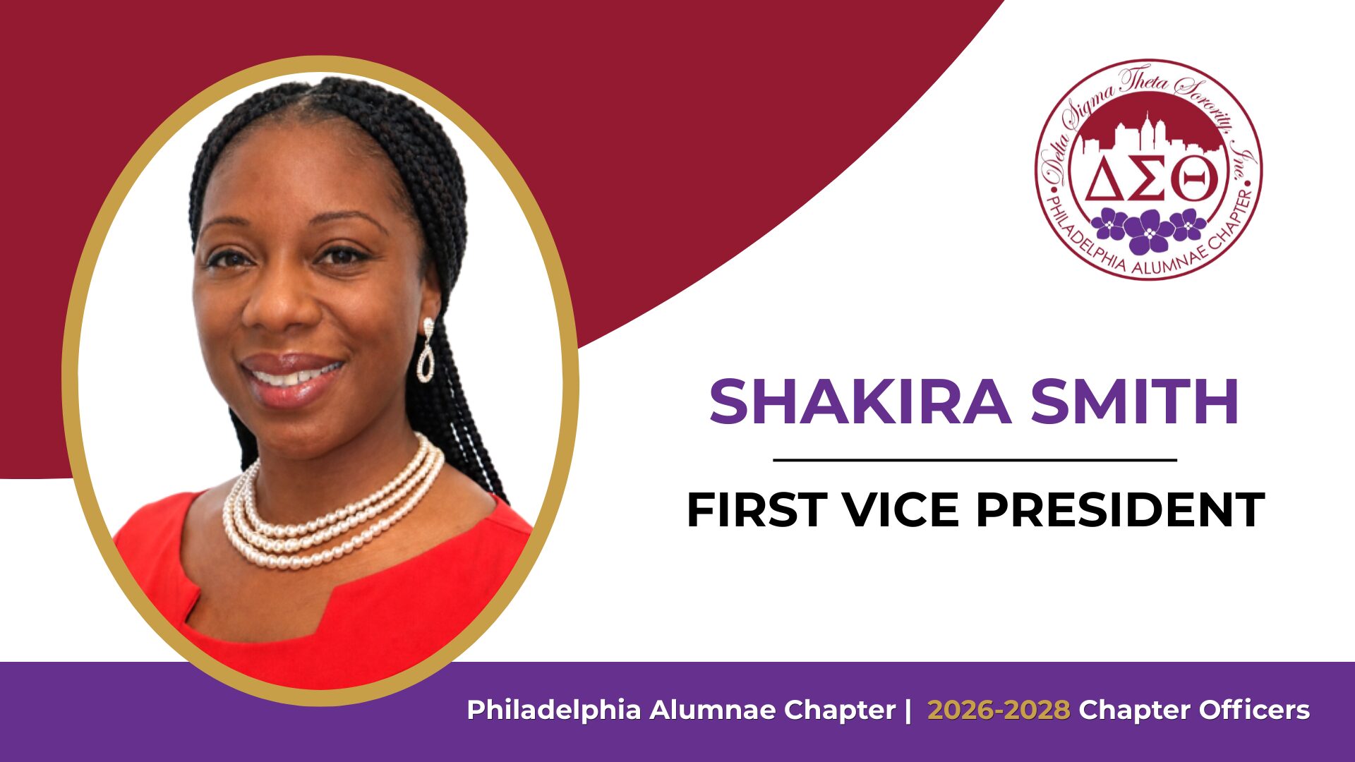Portrait of woman with pearls and sorority logo