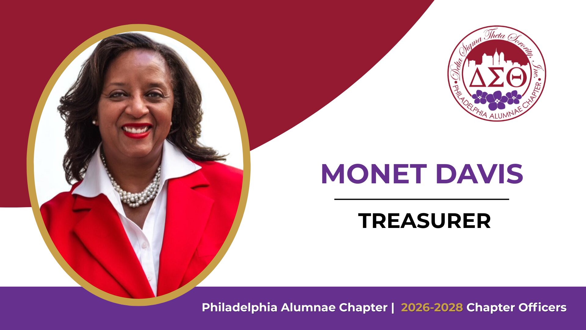 Smiling woman in red blazer with sorority logo