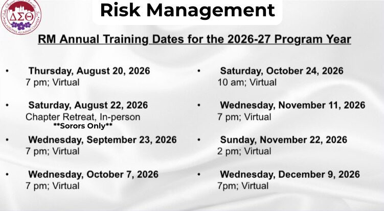 Risk Management training schedule for 2026-27.