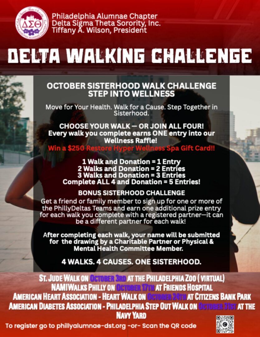 "Walking challenge flyer promoting health and sisterhood."